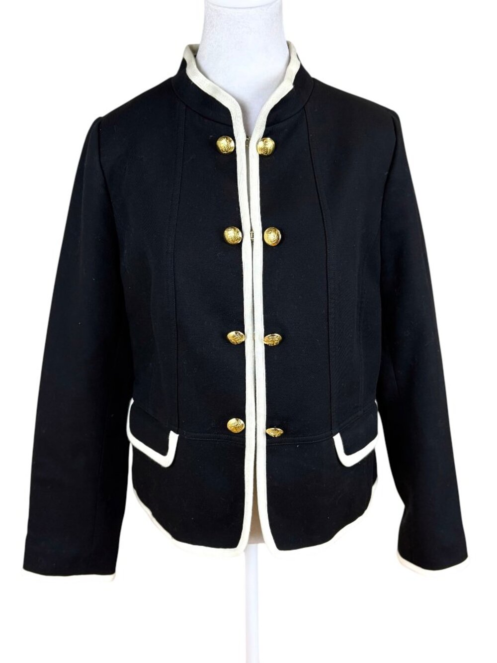 Talbots Military Knit Blazer Black Cream Gold Crest Buttons Cotton (10)